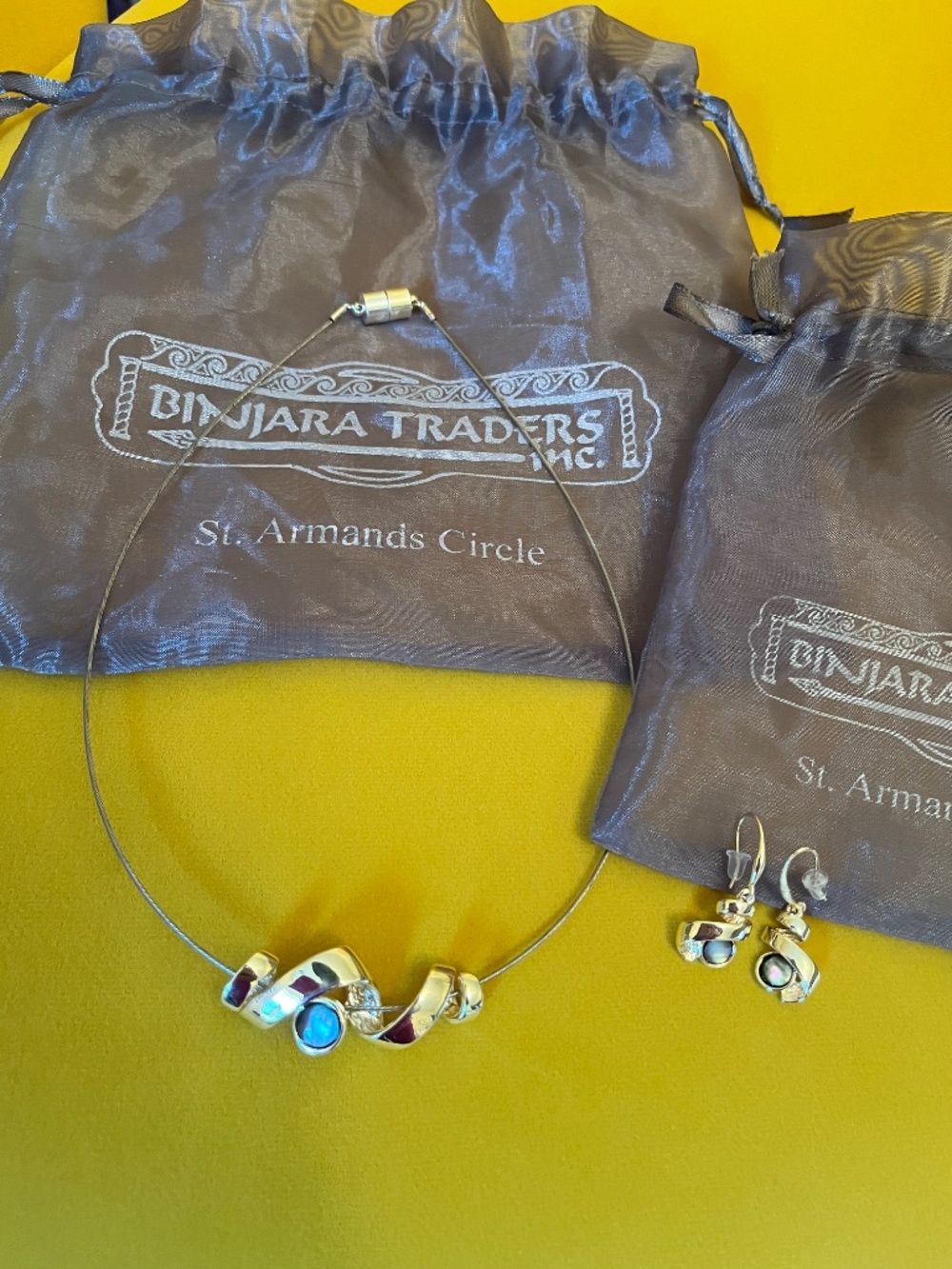 Binjara Traders Inc. Modern Silver Necklace and Earrings Set with Abalone